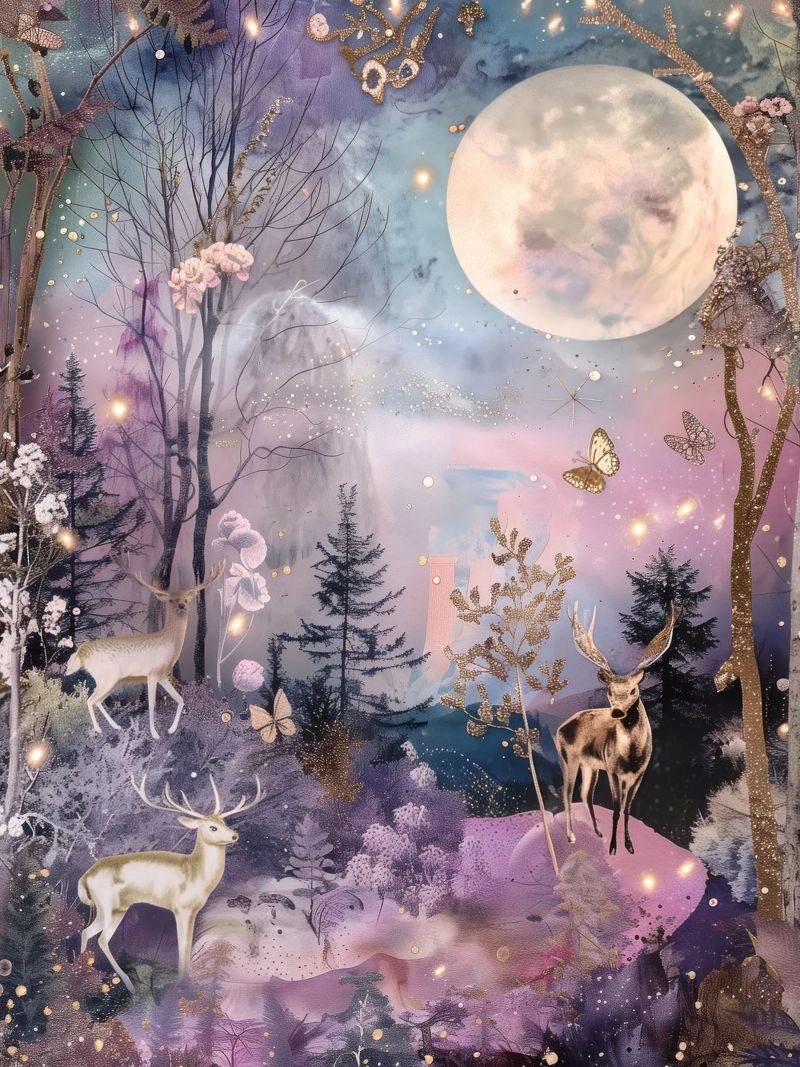 Forêt de la pleine lune Mignons chevreuils Noël fantaisiste Hiver poster de Gentle Echoes Art