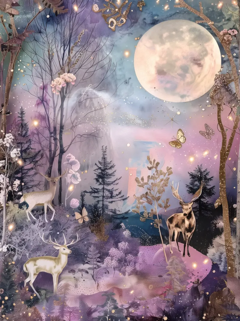Luna piena Foresta Carino Cervi Capriccioso Natale Inverno poster con telaio in alluminio da Gentle Echoes Art