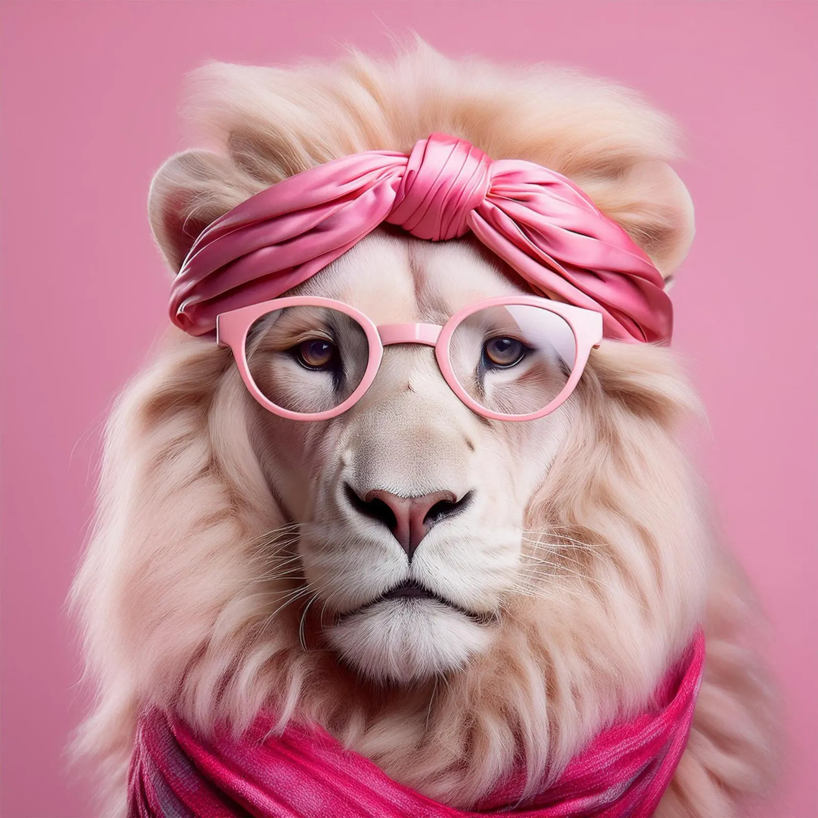 Chic Pink Lion – Whimsical Animal Portrait with Glasses poster con telaio in alluminio da FlexiDesignsByK