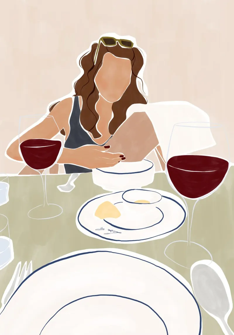 Donna che pranza in un ristorante poster con telaio in legno da Ivy Green Illustrations