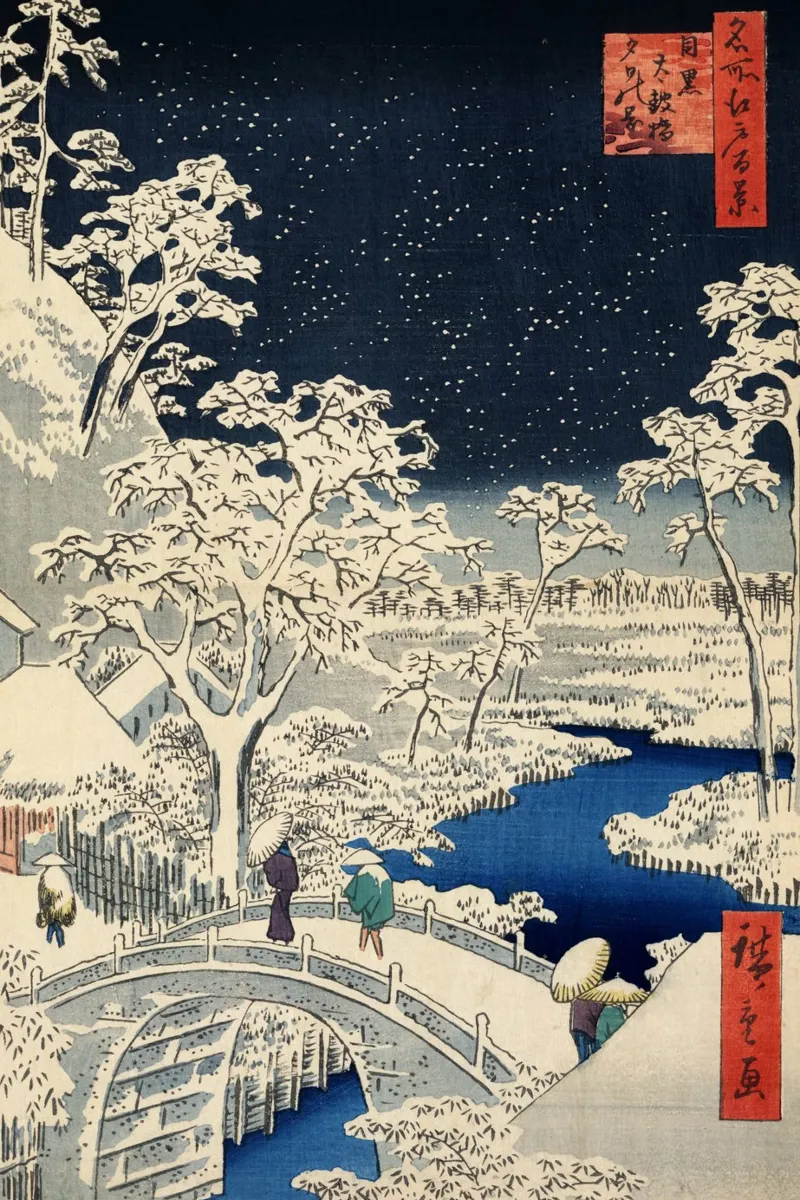 Utagawa Hiroshige Il ponte dei tamburi e la collina del tramonto a Meguro poster da William Store