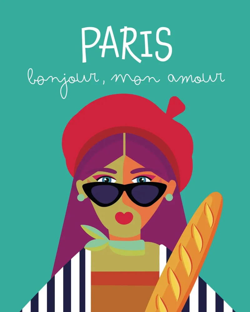 Parigi Bonjour, Mon Amour | Colori Pop poster con telaio in plastica da Ana Paniagua Design