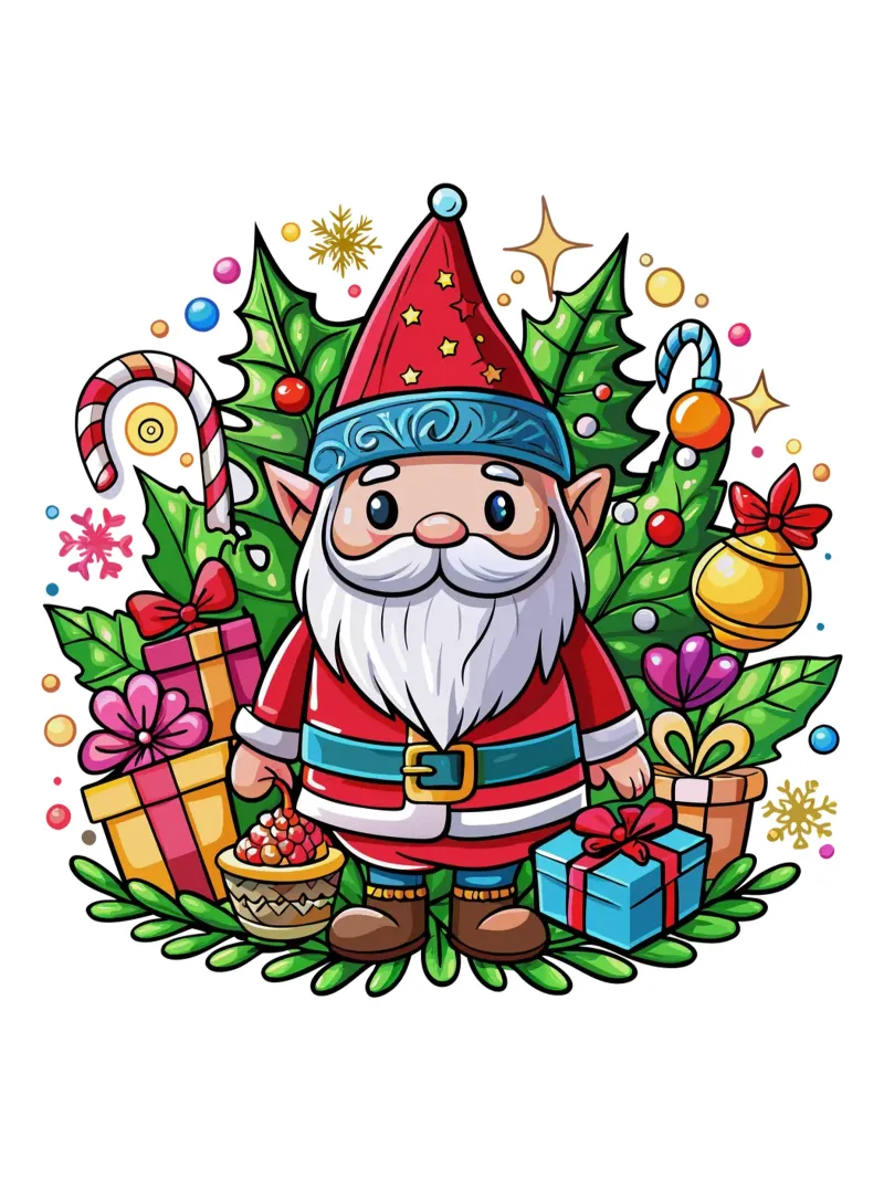 Feestelijke kerstkabouter met cadeautjes en kerstversiering poster met houten frame van Artnesia