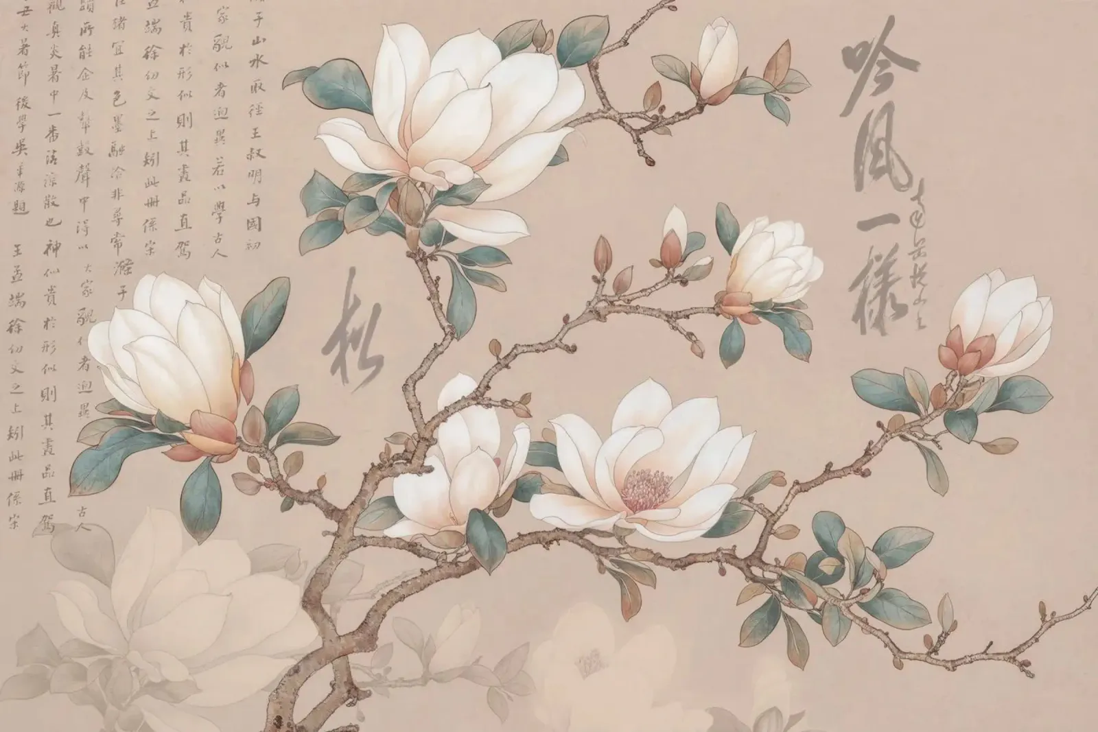 Chinoiserie Magnolia Vintage Botanical poster con telaio in legno da Andrea Haase Vintage World