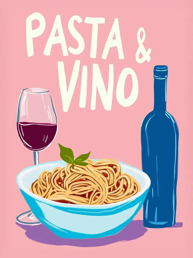 Amore per la pasta e il vino poster con telaio in legno da Carinaprint