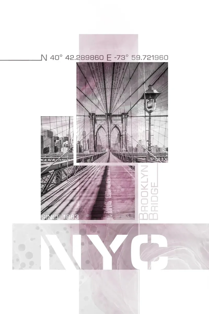 NYC Brooklyn Bridge | Marmor roze canvas met Baklijst van Melanie Viola