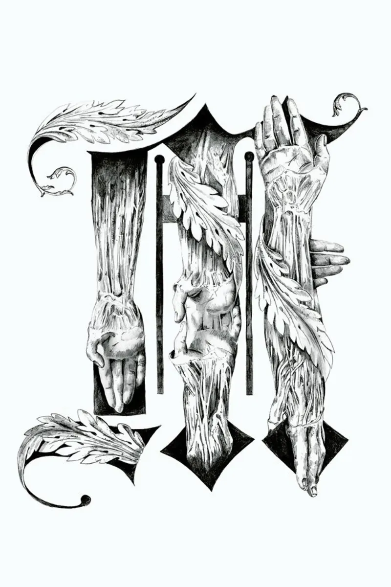 Blackletter M Drawing poster with aluminum frame by Birgit Palma