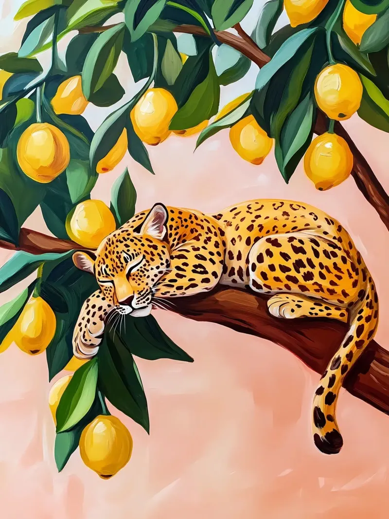 Leopardo addormentato su un albero di limoni poster da IamHomeStudio