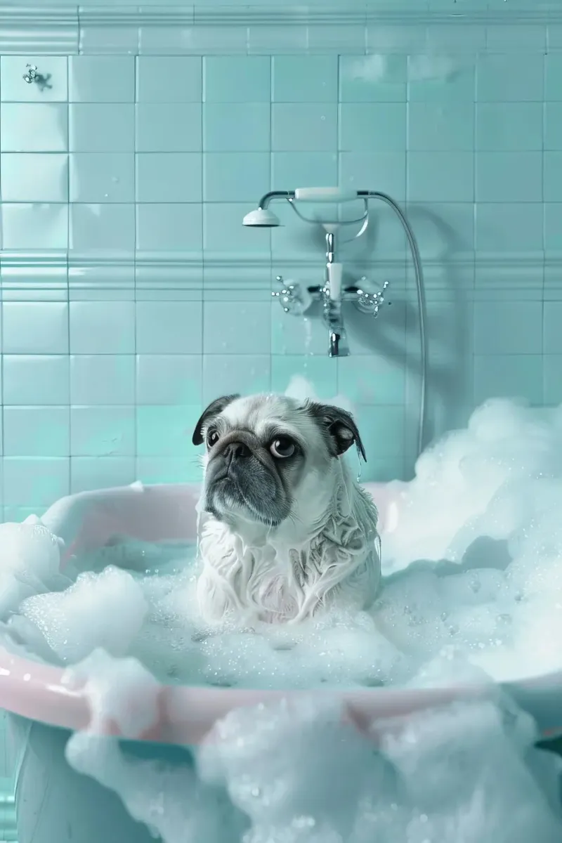 Pug  in a bathtub filled with bubbles alluminio dibond da LisaArtes