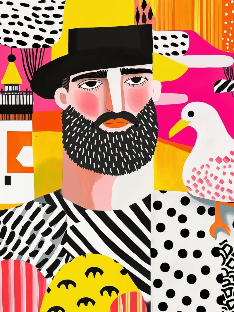 Impressioni marittime con pescatore, gabbiano e faro poster con telaio in legno da Autofocus