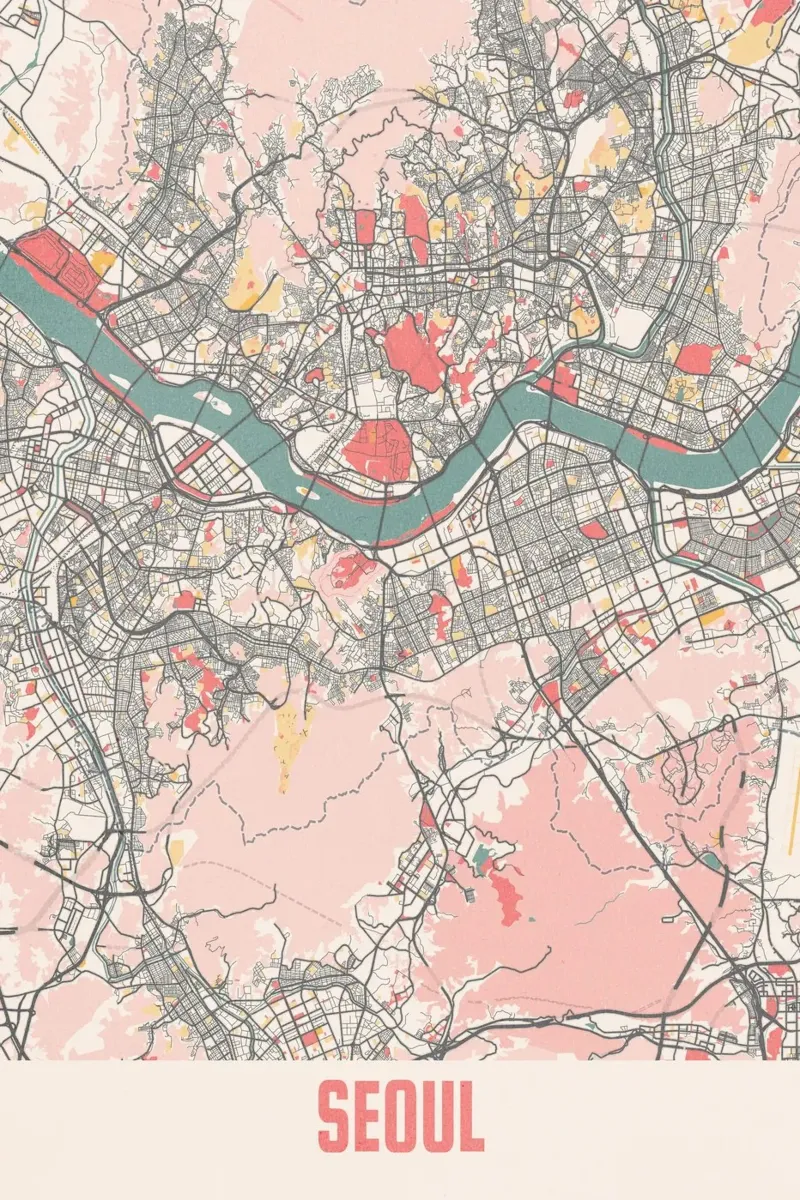 Mappa vintage di Seul - Stampa artistica della mappa della città minimalista poster con telaio in plastica da MOOODZART