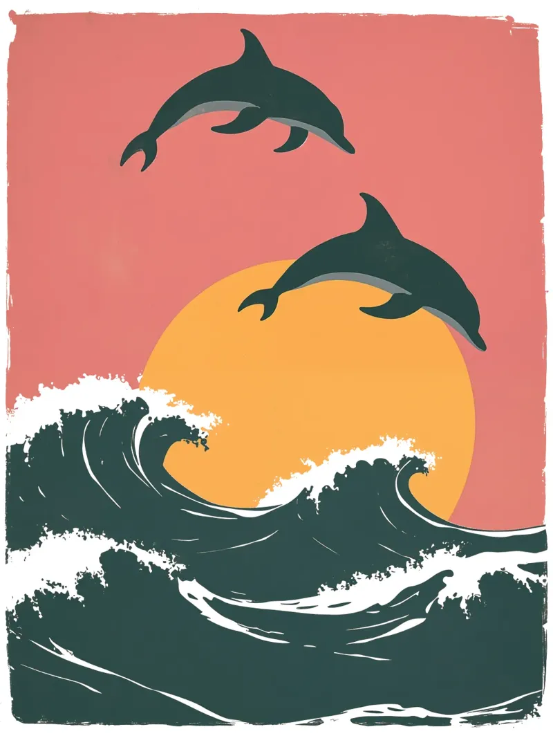 Maritime motif with waves, dolphins, setting sun canvas by Autofocus
