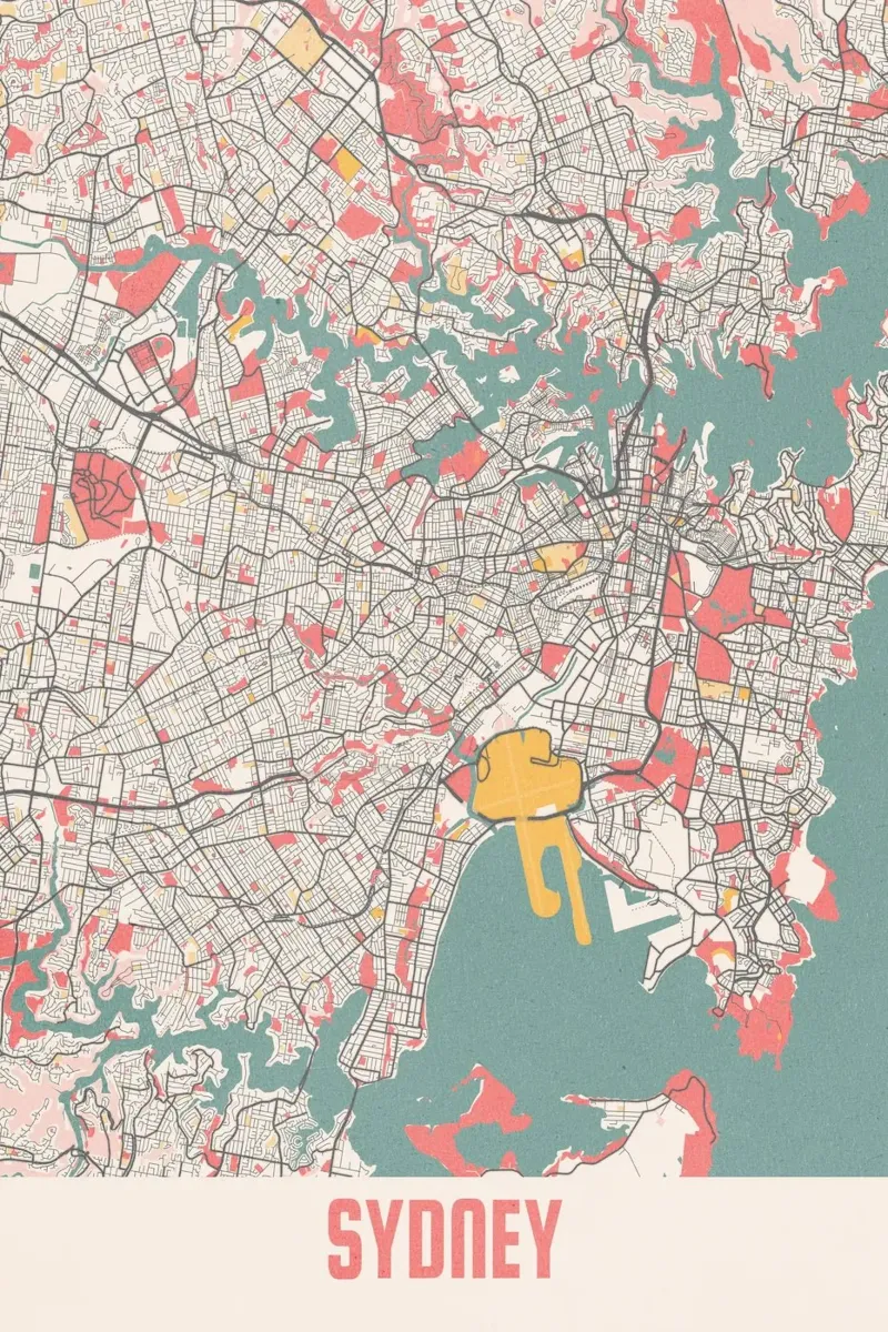 Sydney Map Art, Australia poster con telaio in legno da MOOODZART