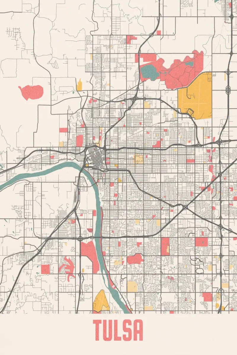 Mappa della città di Tulsa poster con telaio in alluminio da MOOODZART