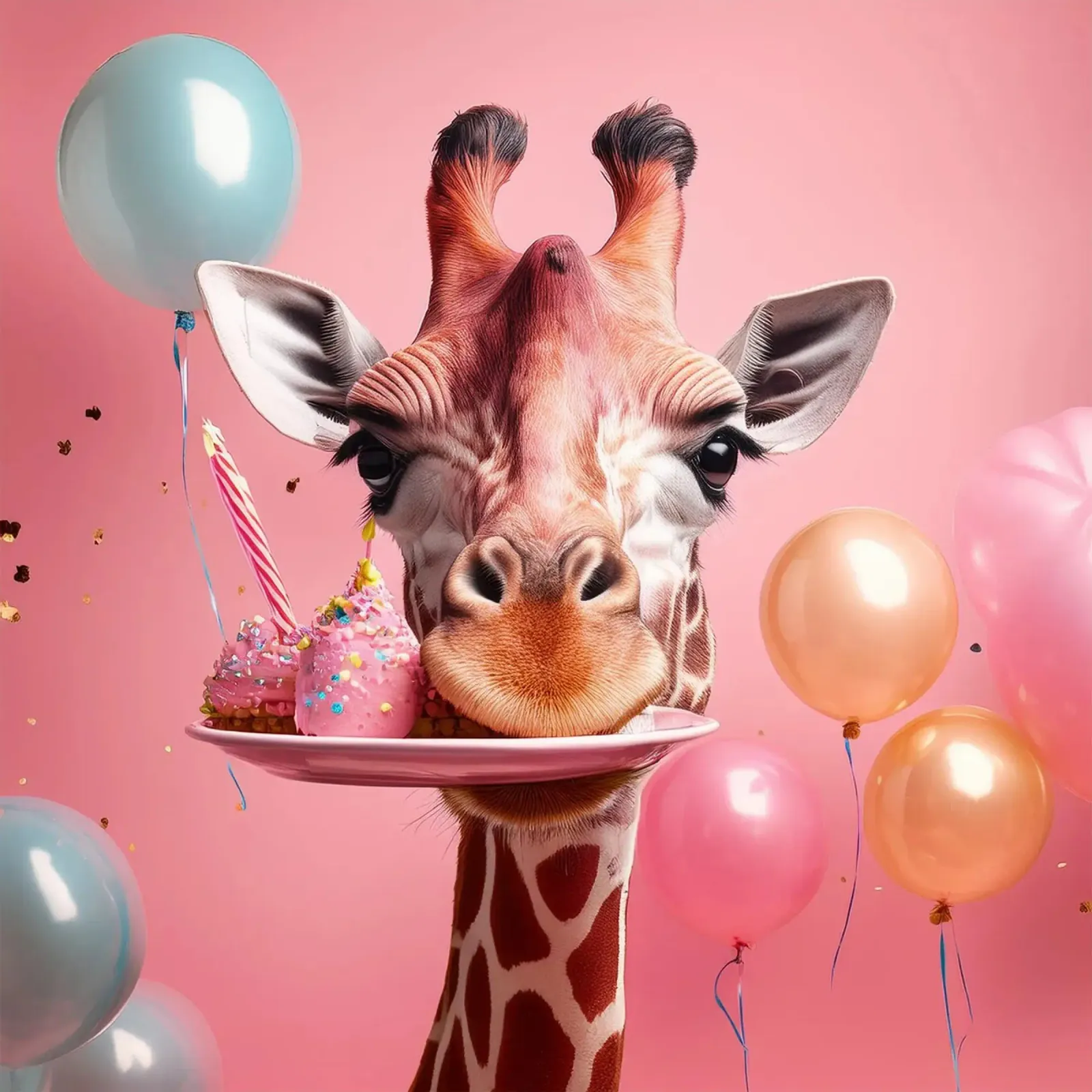 Celebrazione del compleanno di una giraffa giocosa con palloncini e dolci pellicola backlit da FlexiDesignsByK