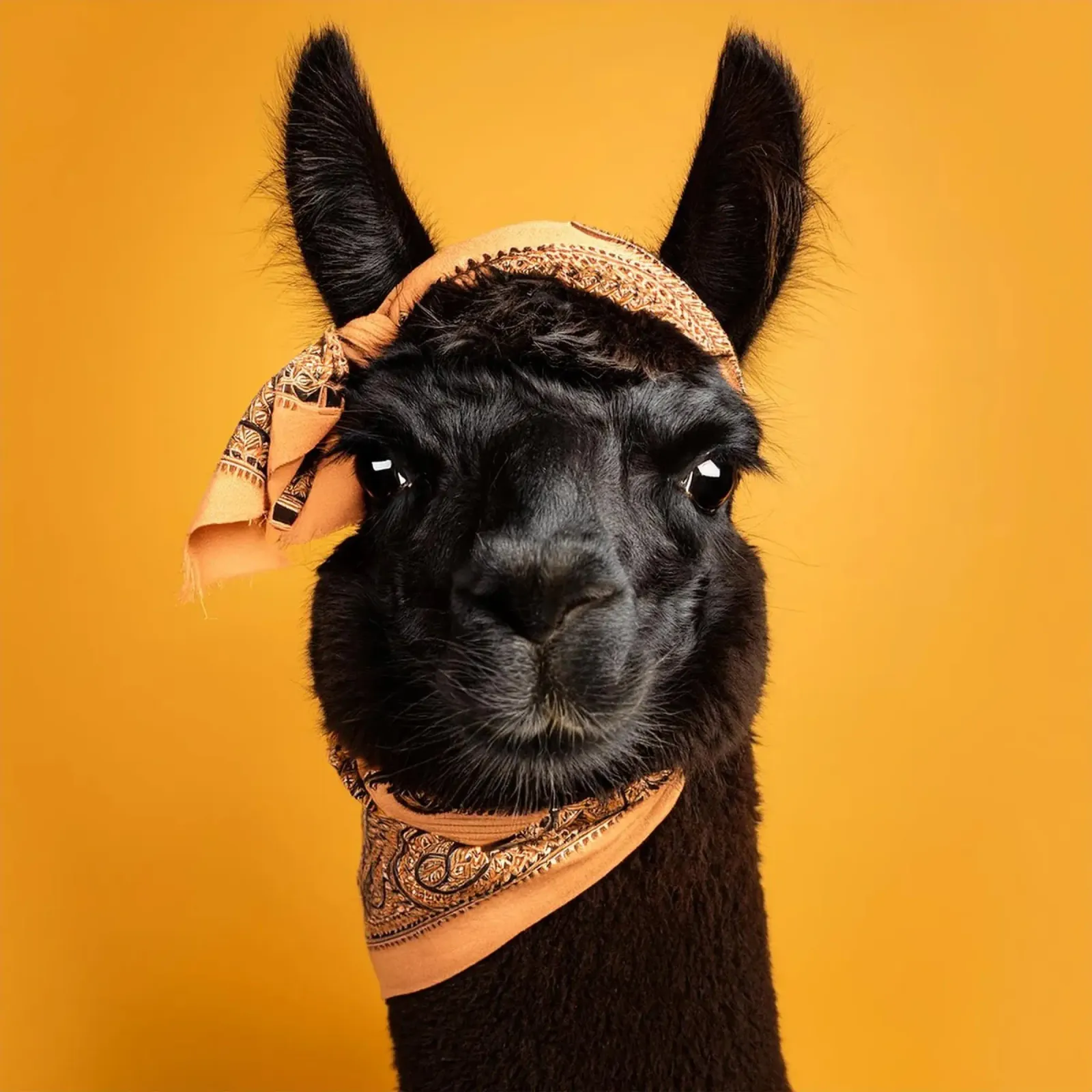 Lama noir stylé avec bandana sur fond jaune vif hahnemühle de FlexiDesignsByK