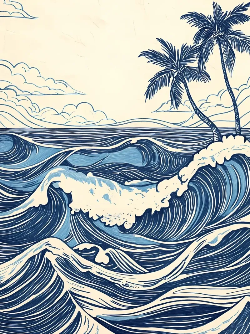 Vintage Ocean Waves with Palm Trees canvas by IamHomeStudio