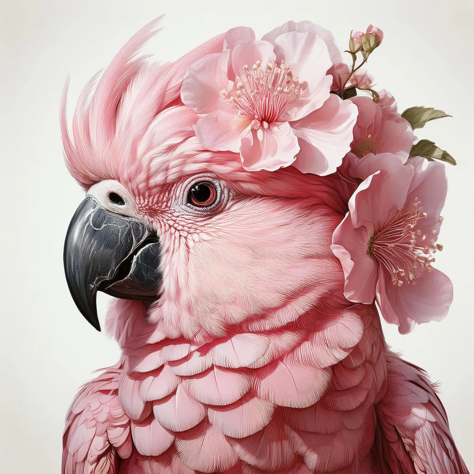 Eleganter rosafarbener Papagei mit geblümter Kopfbedeckung - Atemberaubender Vogel Poster mit Kunststoffrahmen von FlexiDesignsByK