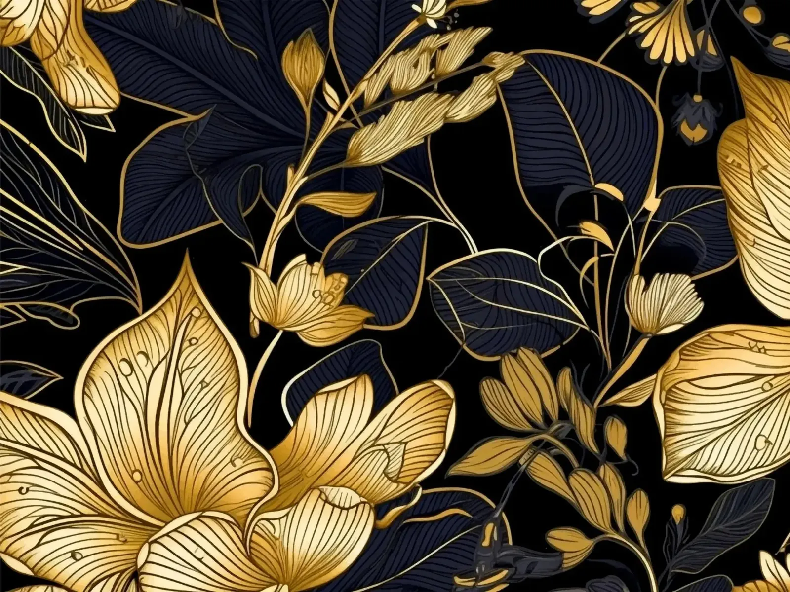 Gold and Black Foliage poster con telaio in alluminio da Artsy Bessy