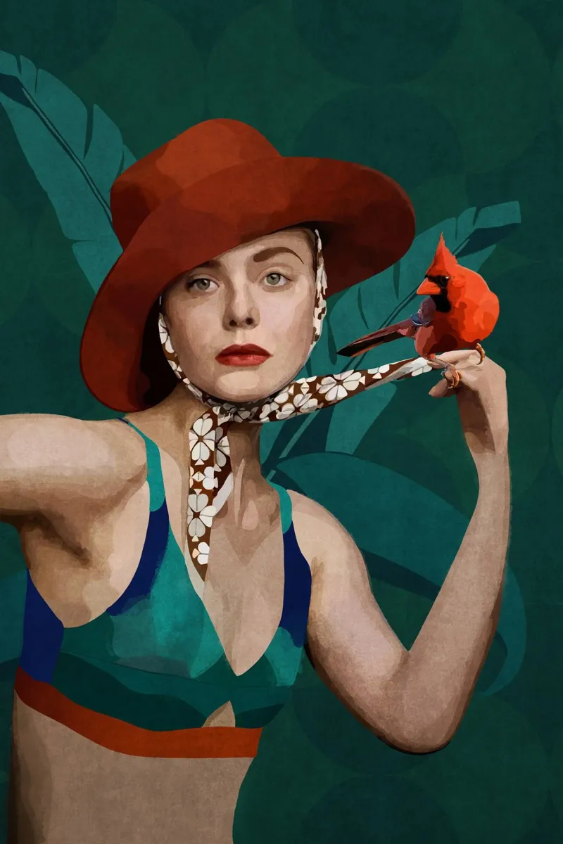 Emel Tunaboylu - Un uccello cardinale e una signora con il cappello rosso poster con telaio in alluminio da The Artcircle