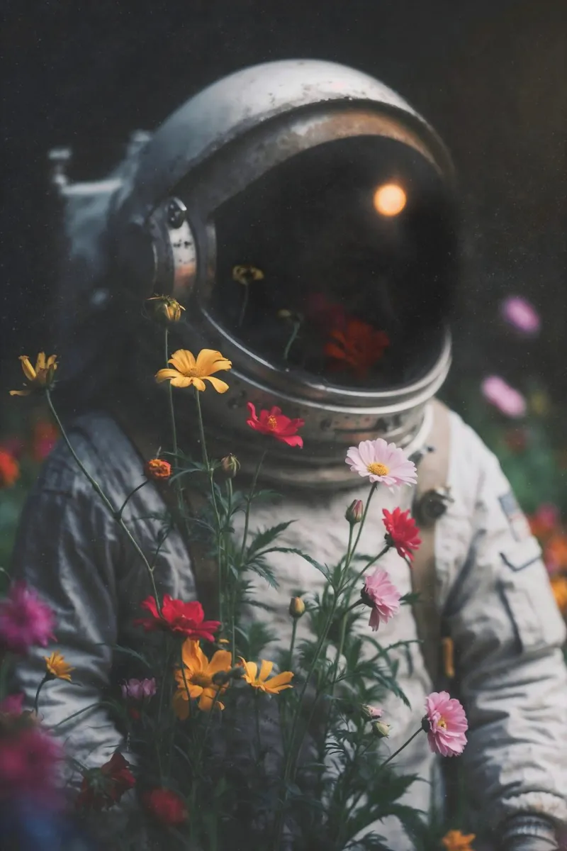 Captivating Astronaut Art Print with Colorful Flowers canvas by Studio Mooodz