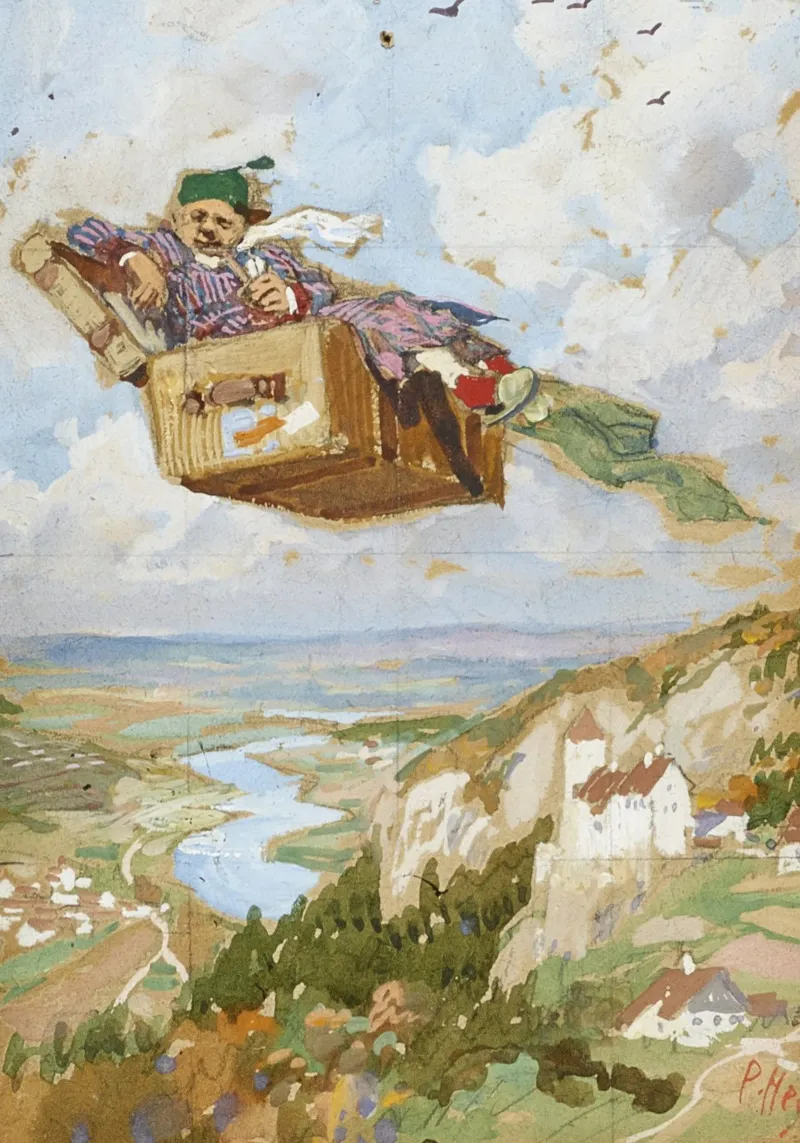 Paul Hey - La valigia volante poster con telaio in legno da ARTOTHEK