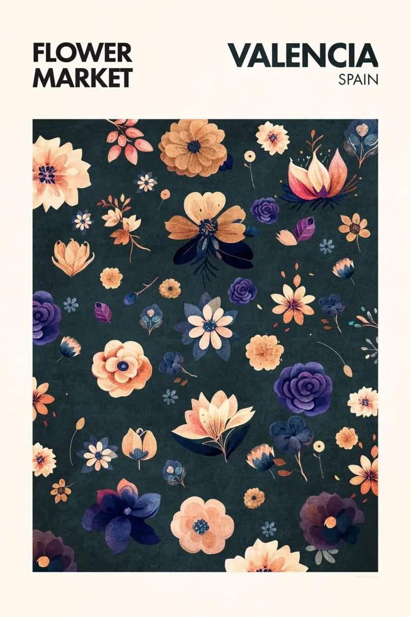 Emel Tunaboylu - Mercato dei fiori di Valencia poster con telaio in legno da The Artcircle