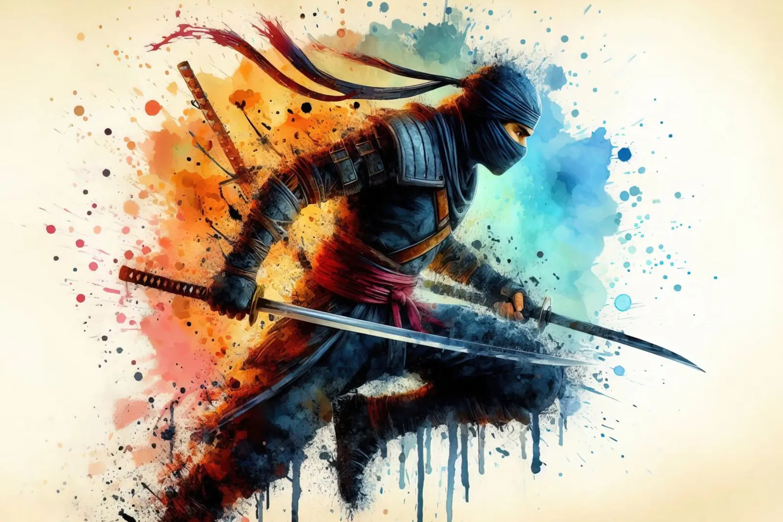 Guerriero ninja in acquerello alluminio dibond da 🎁 ARTVI-SHOP