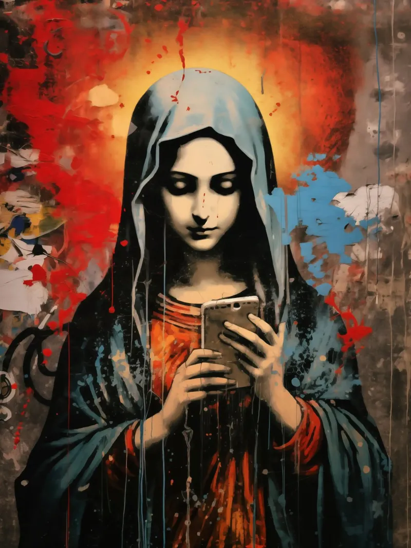 Santa Madre Maria WhatsUp Jesus via iPhone poster con telaio in legno da Autofocus