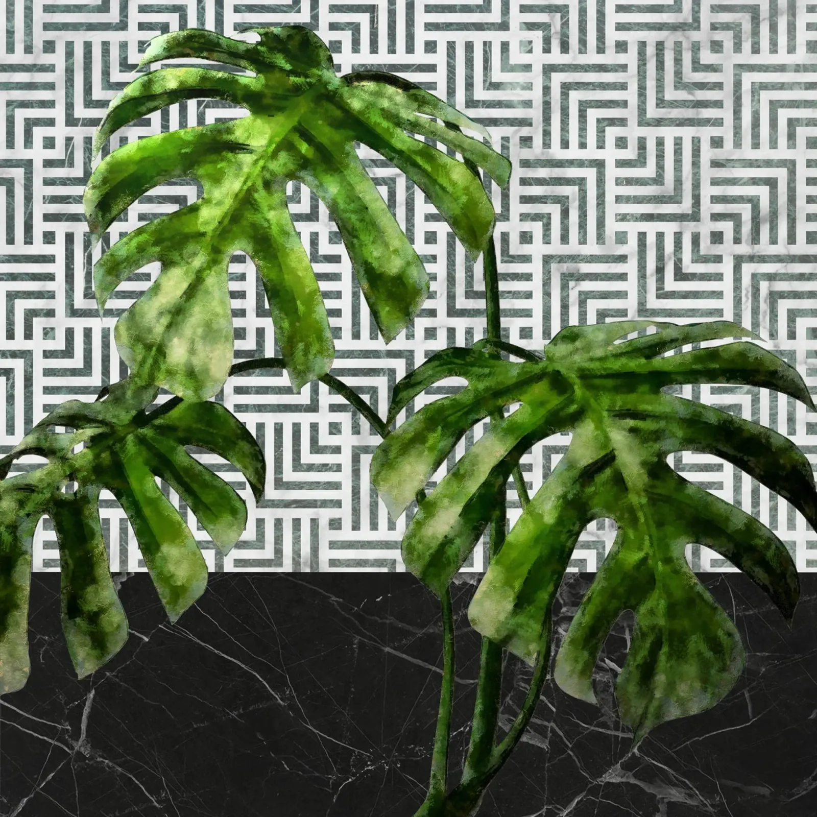 Monstera su parete con motivo a piastrelle pellicola backlit da amini54