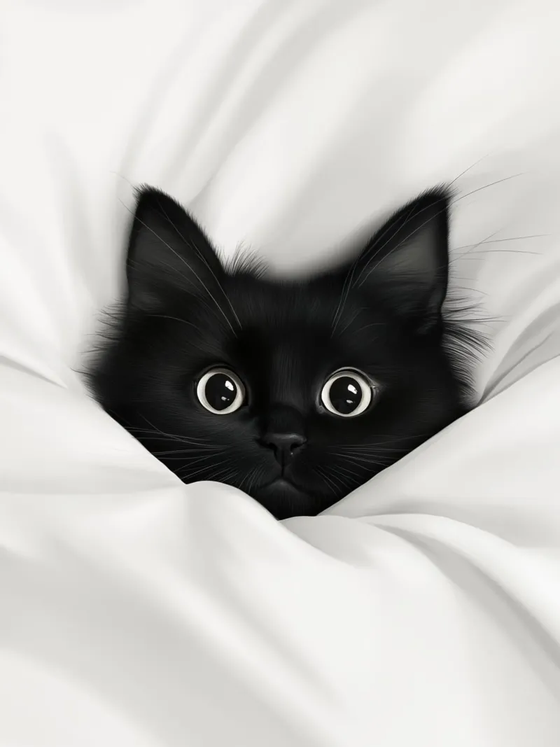 Un piccolo gatto nero in un letto bianco pellicola backlit da Autofocus