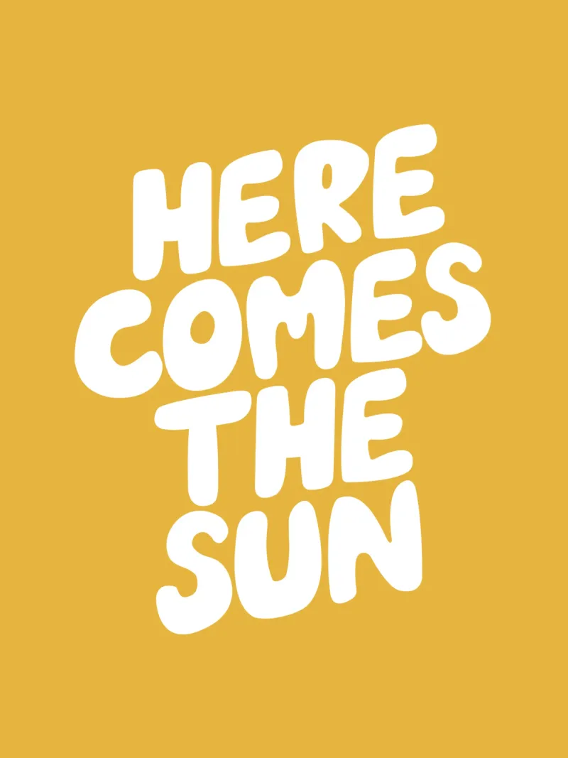 Hier komt de zon Typografie ontwerp in wit en geel canvas met Baklijst van THE MOTIVATED TYPE