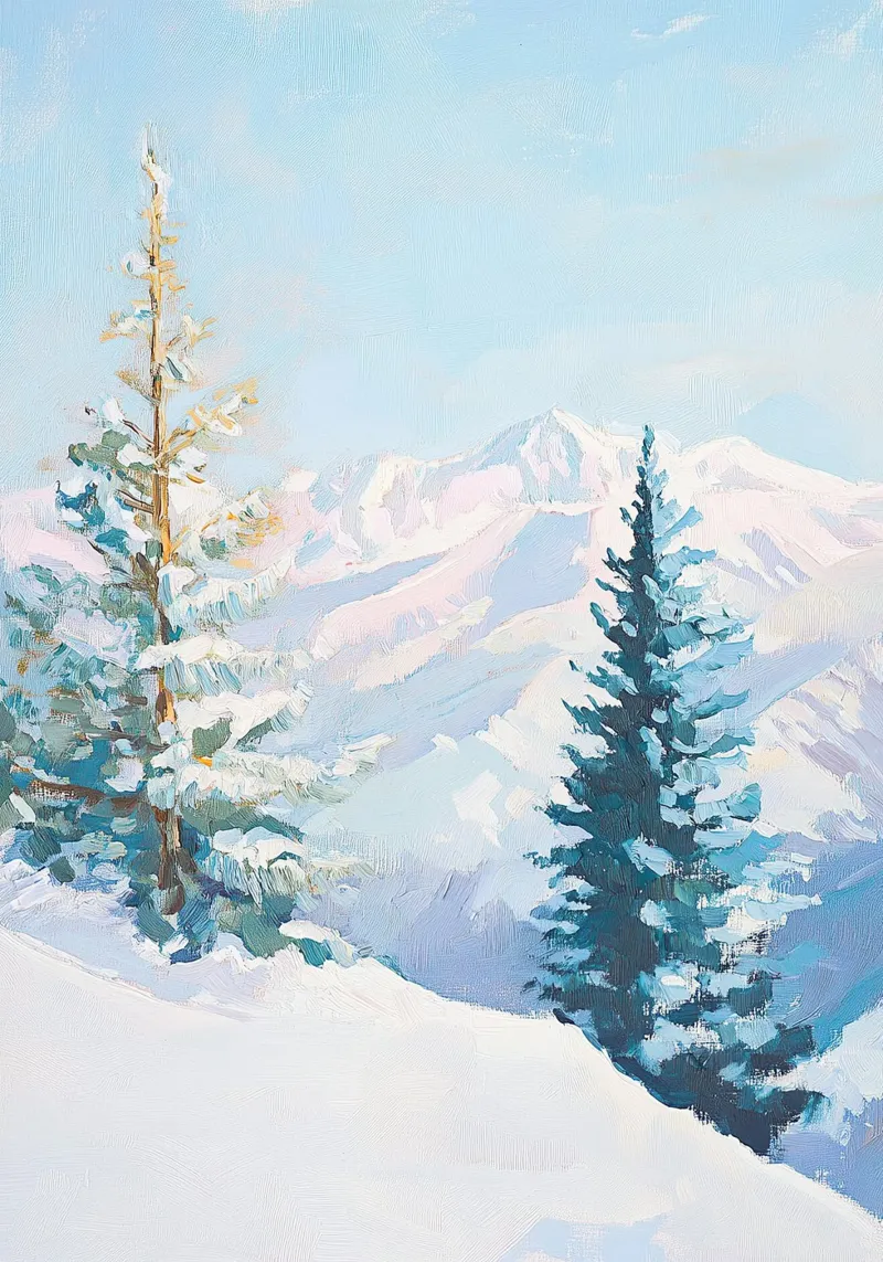 snow impressionism winter mountains fir trees I canvas with Floater frame by Euphoria Theresa