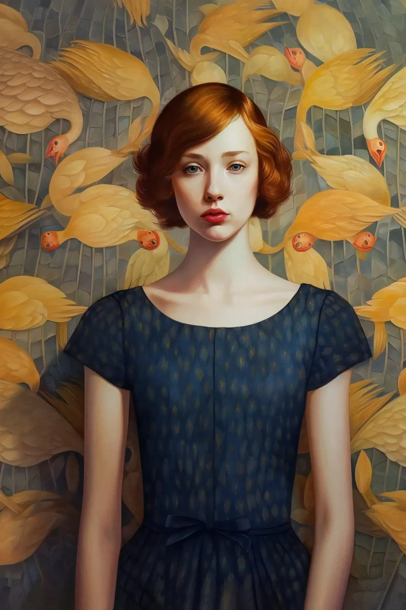 Emel Tunaboylu - Ragazza dai capelli rossi con uccelli poster da The Artcircle