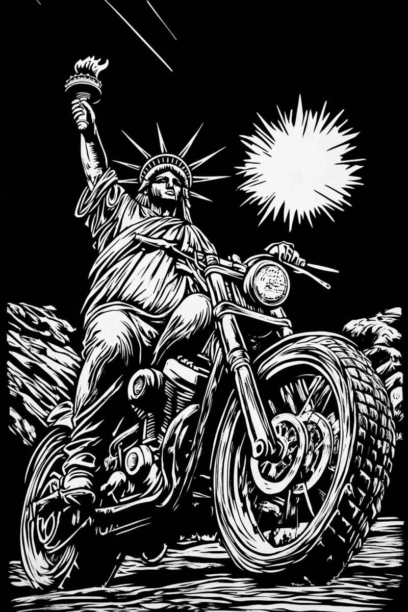 Freedom Of Biking | Statue Of Liberty as a Biker poster con telaio in plastica da Autofocus