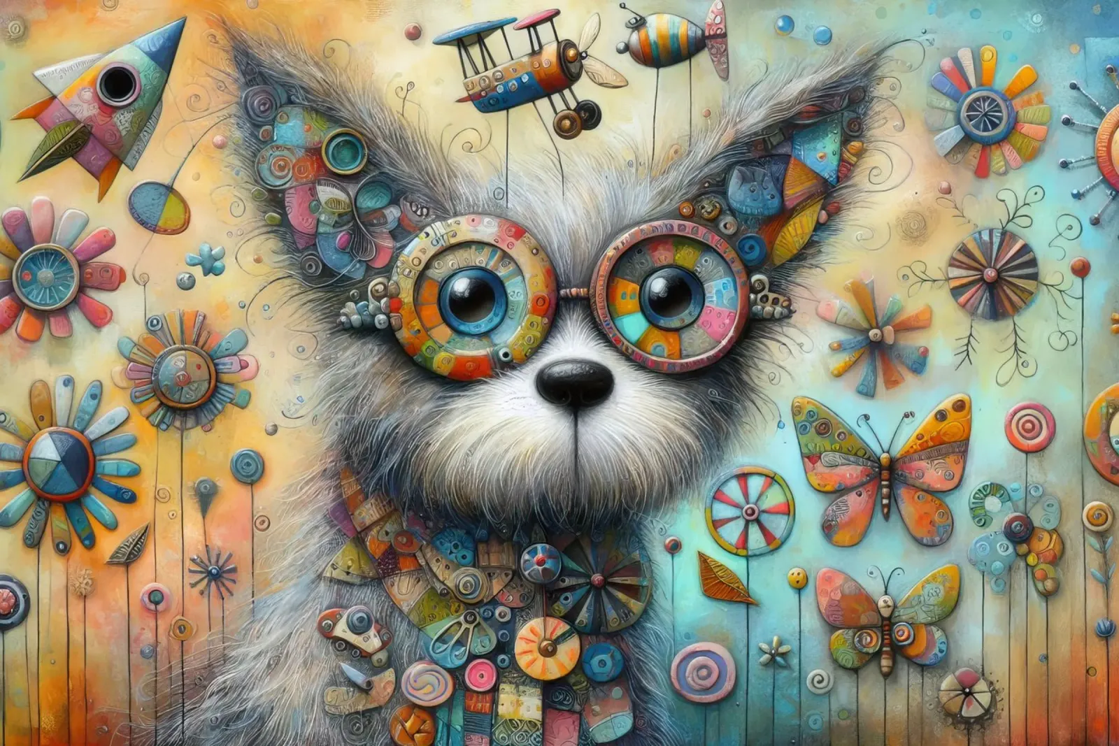 Pittura a tecnica mista di un cane stravagante poster con telaio in legno da 🎁 ARTVI-SHOP