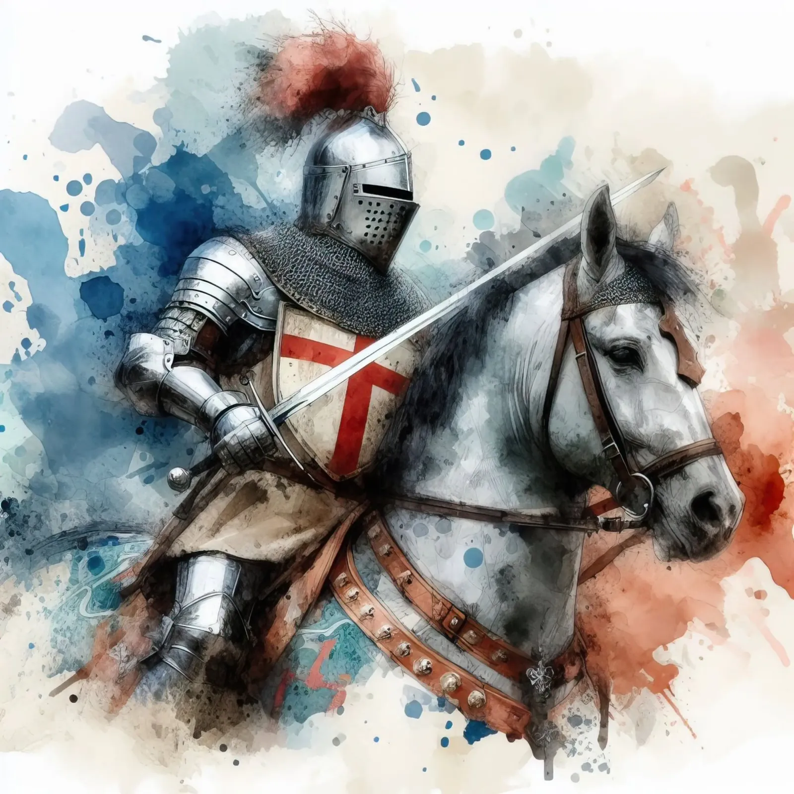 Dibujo en acuarela de un caballero medieval poster con marco de aluminio de 🎁 ARTVI-SHOP