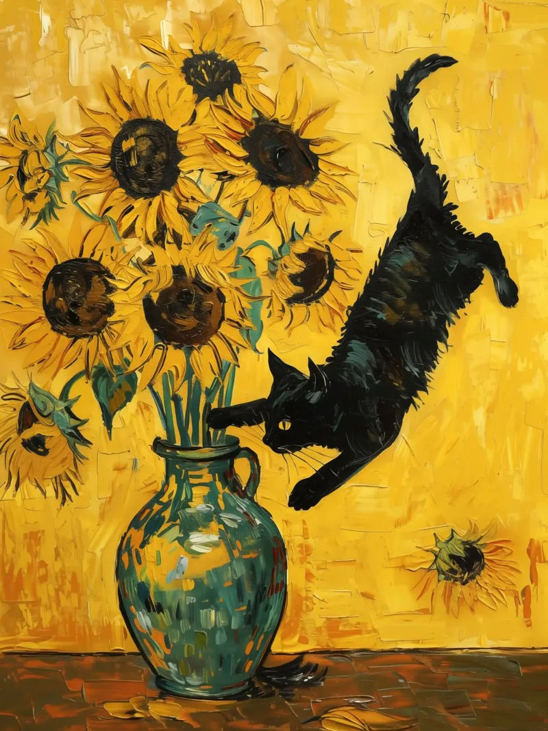 van Gogh Zonnebloemen met Zwarte Kat canvas met Baklijst van Autofocus