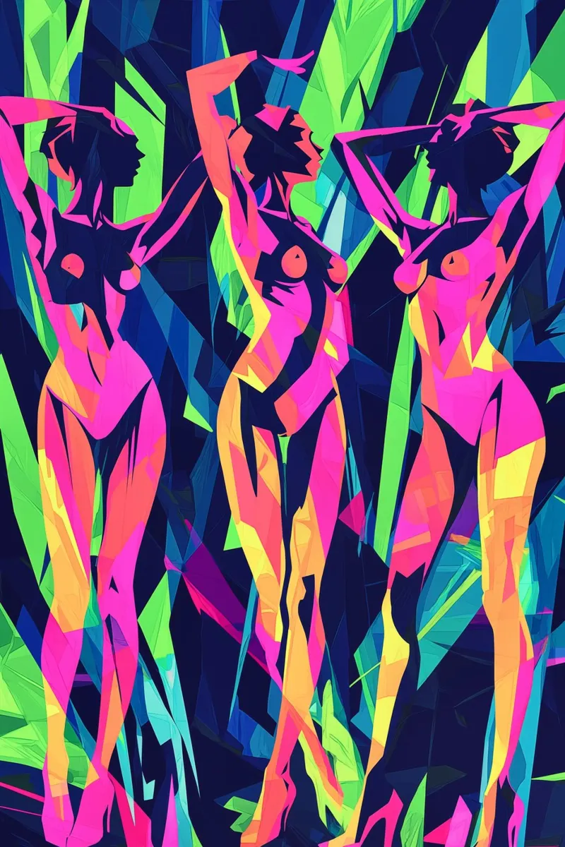 Naked women dancing through the tropical neon night poster by Autofocus