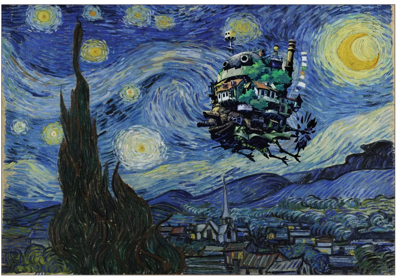 Il castello mobile di Howl e La notte stellata poster con telaio in alluminio da Mashtup