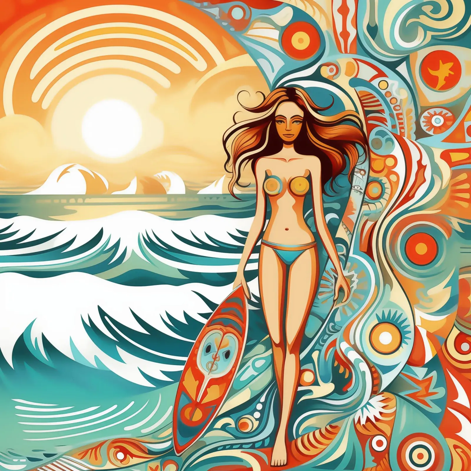 Vintage surf art in retro-psychedelic style canvas with Floater frame by Autofocus