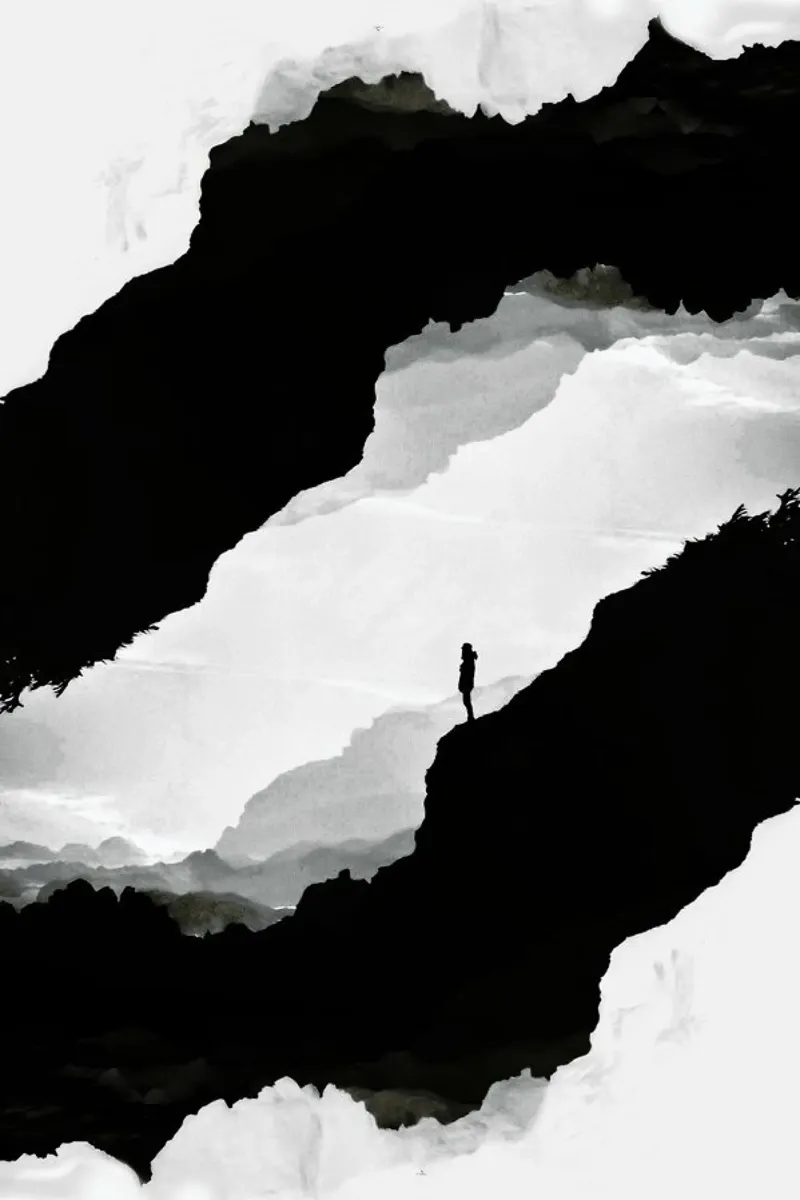 White Isolation a girl standing at the edge of a cliff poster da Stoian Hitrov