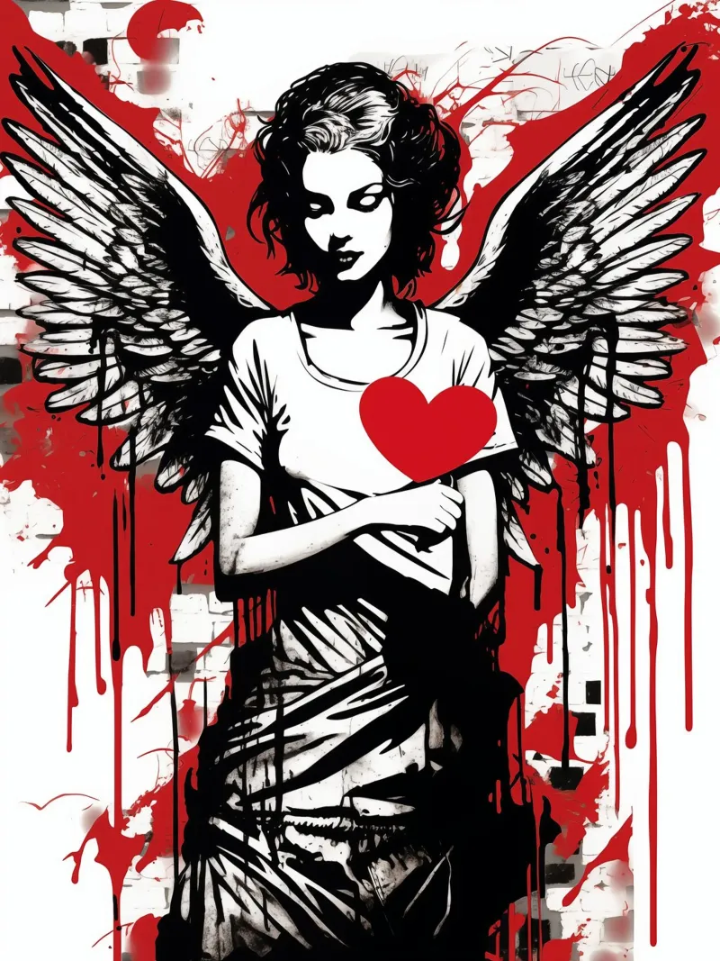 Il tuo angelo amorevole con un cuore rosso | Street Art poster con telaio in plastica da Autofocus