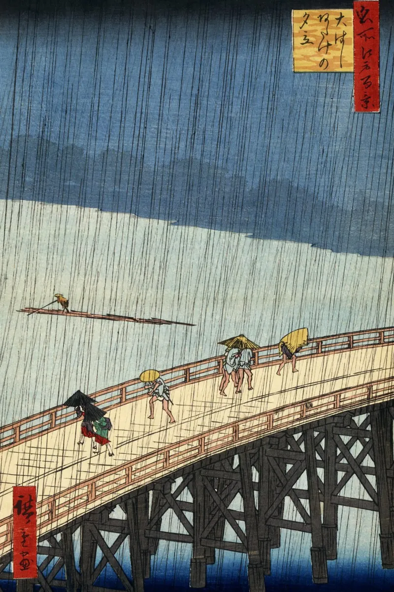 Utagawa Hiroshige - Plotselinge regenbui over de Shin-Ōhashi brug canvas met Baklijst van William Store