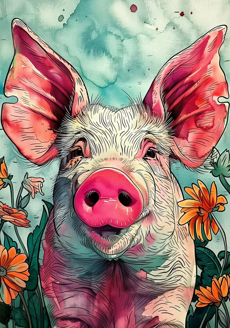 Funny pig animal art hahnemühle by Justyna Jaszke JBJart