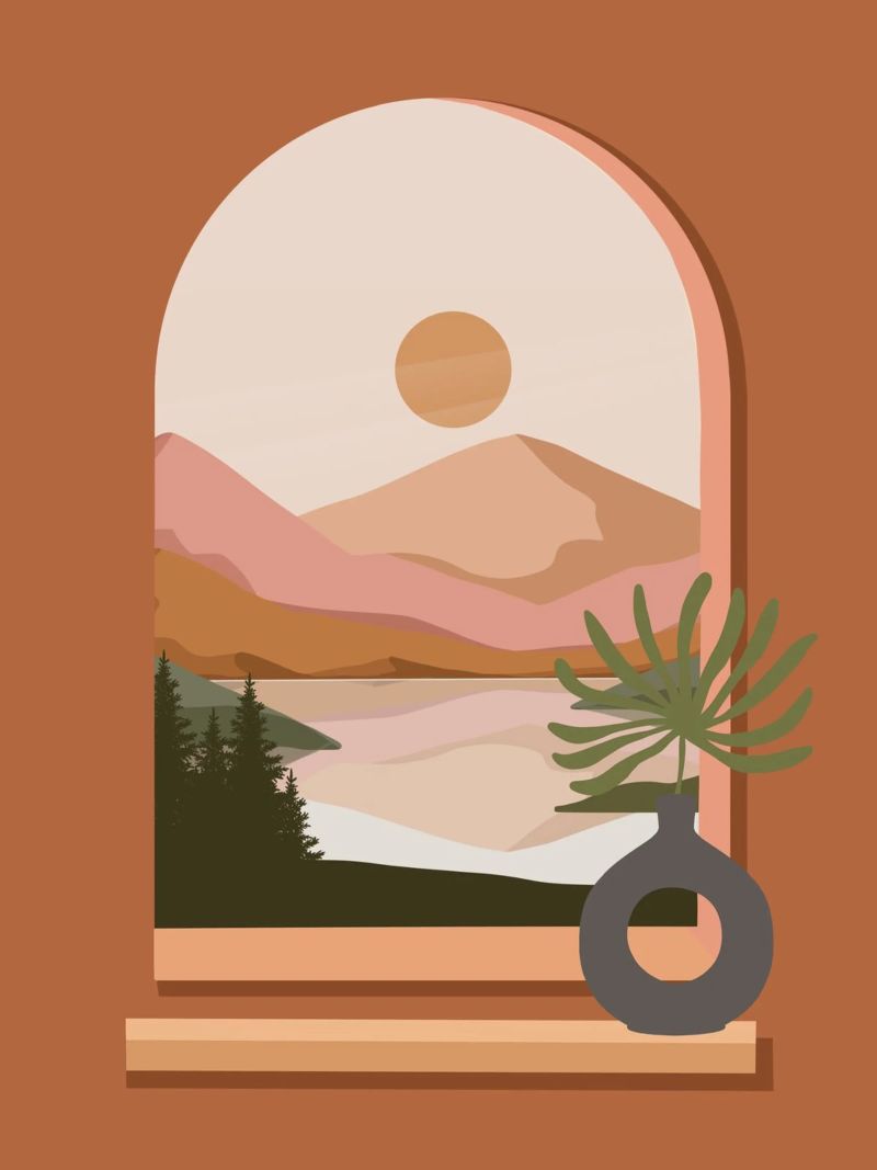 Vase with a green plant in front of an arched window canvas by LisaArtes