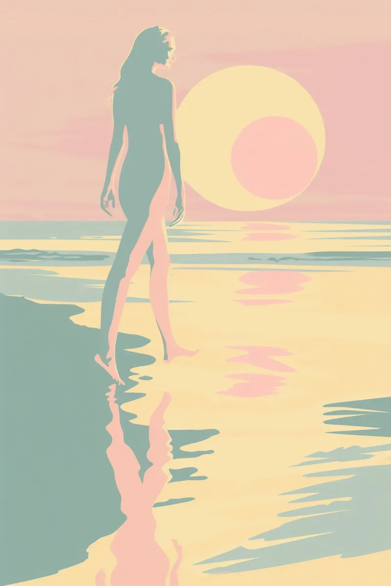Donna sulla spiaggia all'alba | Poesia Zen Retro Pastello poster da Autofocus