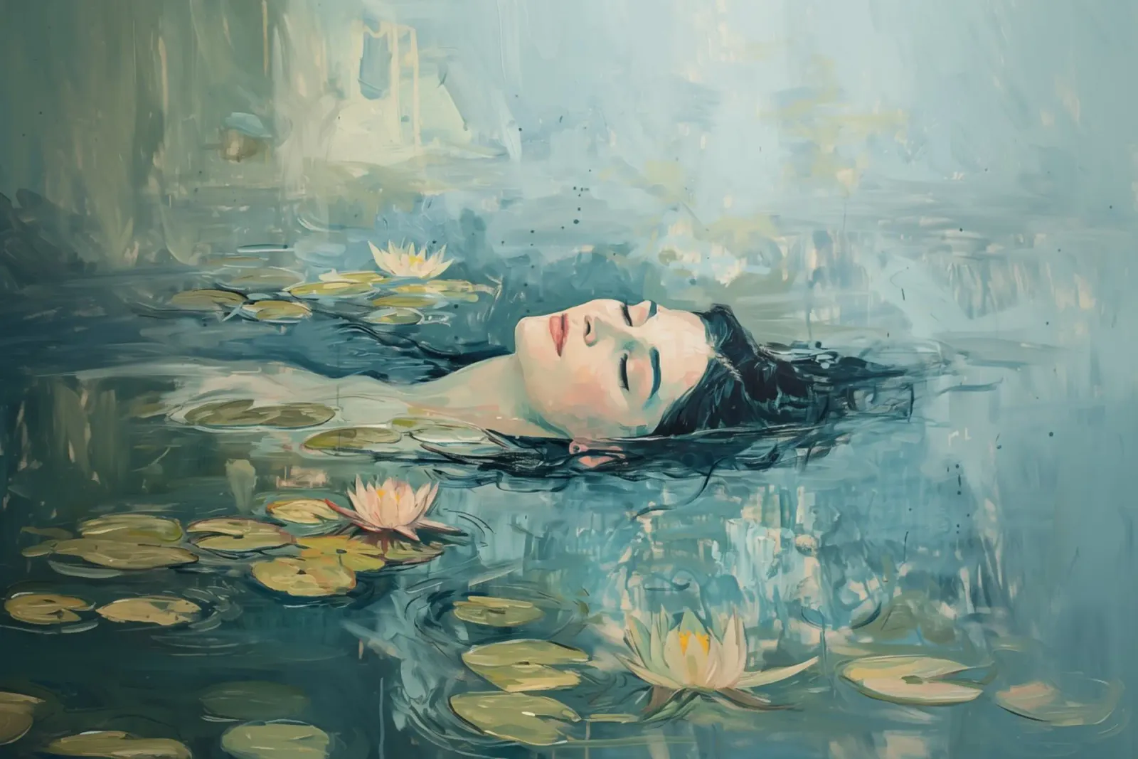 Mujer nadando entre los nenúfares de Monet poster de Autofocus