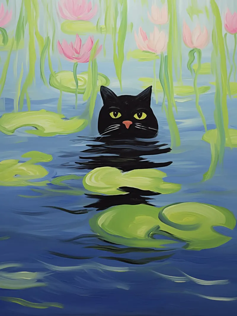 Gatto nero di Monet che nuota in uno stagno di ninfee | Pittura poster con telaio in alluminio da Autofocus