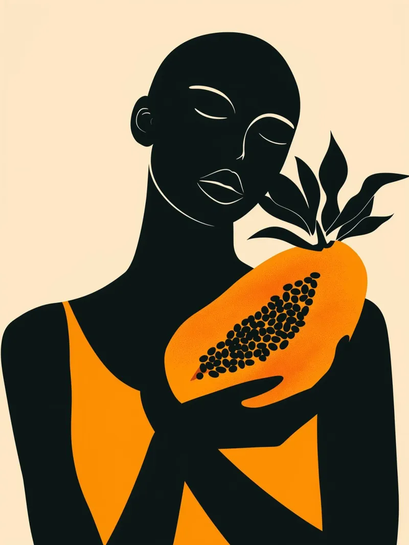 Donna africana con papaya arancione poster con telaio in alluminio da Autofocus